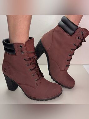 Timberland Women's Glancy Burgundy Lace-Up Heeled Ankle Boots